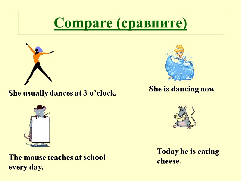 Compare (сравните) She usually dances at 3 o’clock. She is dancing now The mouse